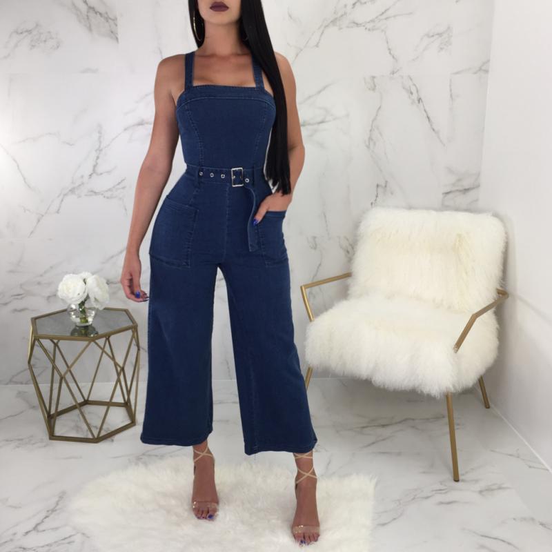 Jumpsuits | Stretch Denim Bandeau Belted Wide Leg Jumpsuit – Womens Clothing Denim